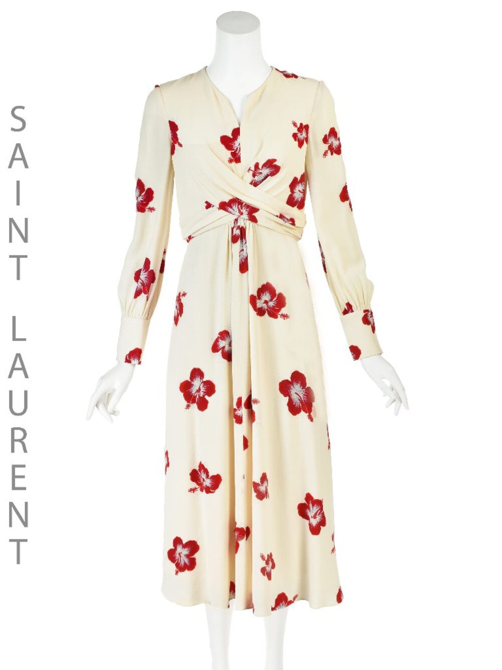 2016 SAINT LAURENT Hedi Slimane Ivory Hibiscus Print Crepe Midi Dress, US8 NWOT